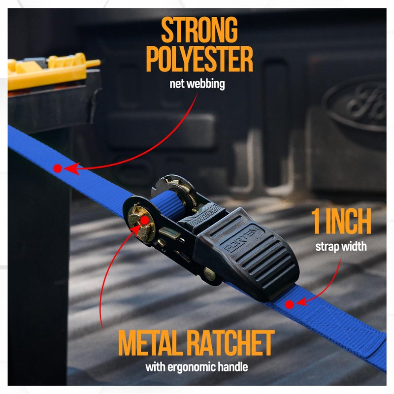 FORTEM Ratchet Straps, Tie Down Strap Set 1650lb Break Strength, 4 Pack 15ft x 1in, 4 Soft Loops, Moving Straps Tie Downs, Cargo Cam Buckles for Trucks, Carry Bag, for Men - Image 2